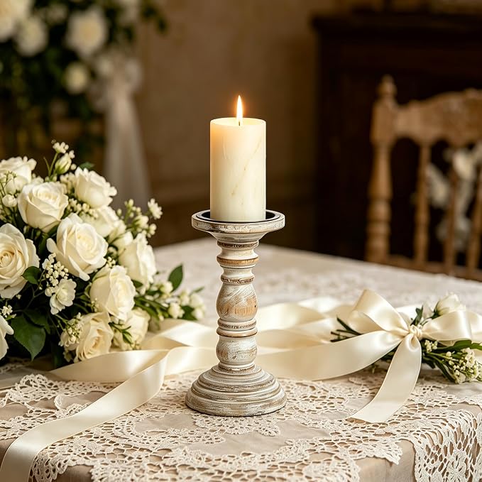 Hosley 8 Inch Distressed White Wooden Pillar Candle Holder - Rustic Farmhouse Pedestal Candlestick Stand for Real & Flameless LED Candles, Vintage Shabby Chic Table Mantel Centerpiece Decor