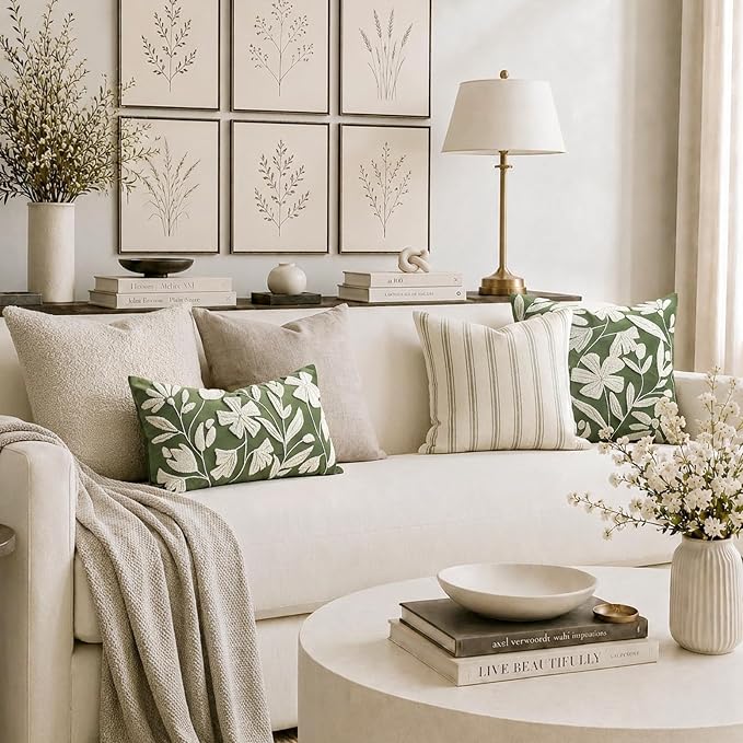 BlissBlush Decorative Lumbar Pillow Cover 12x20 Inch, Olive Green Floral Tufted Velvet Accent Pillow Case for Sofa Bed Living Room, Cover Only
