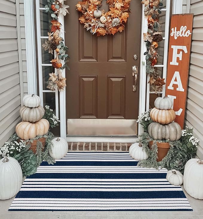 Blue and White Striped Doormat 24"x35"Washable Farmhouse Front Porch Rug | Cotton Bend with Woven Construction, Easy-care Fabric, Gentle Machine Wash and Air Dry