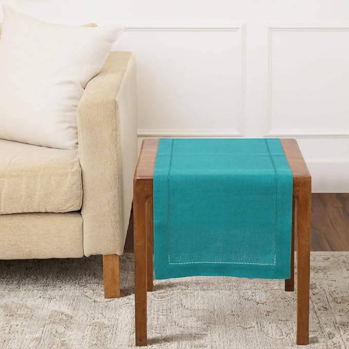 Solino Home 100% Pure Linen Table Runner Teal, Classic Hemstitch 14 x 36 in | a graceful centrepiece for dining and gatherings, hemstitched border, mitered corners, machine washable, OEKO-TEX Certified