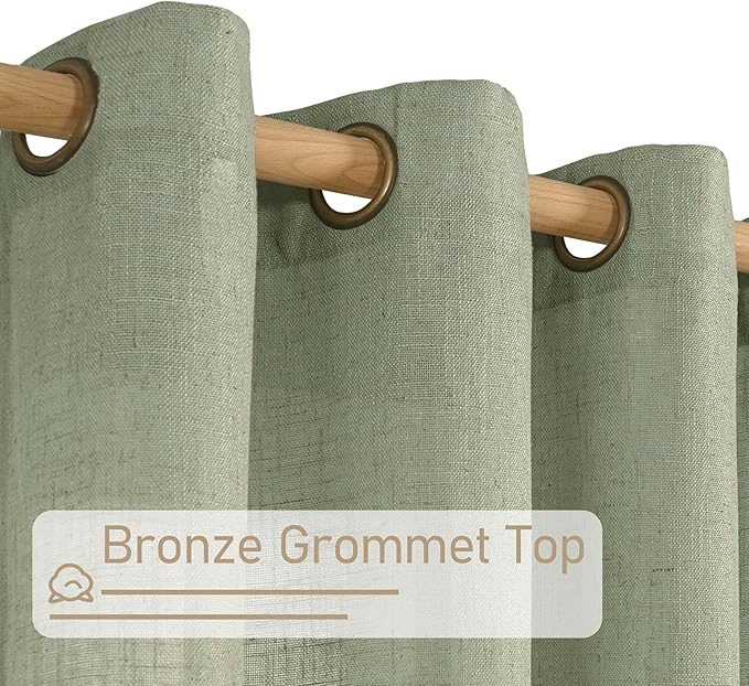 Sage Green Linen Curtains 84 inch Length 2 Panels Set, 34 x 84 Inch | Semi Sheer, Light Filtering, Living Room Curtains, Spring Decor, Neutral Boho, Drapes for Bedroom, Bronze Grommet