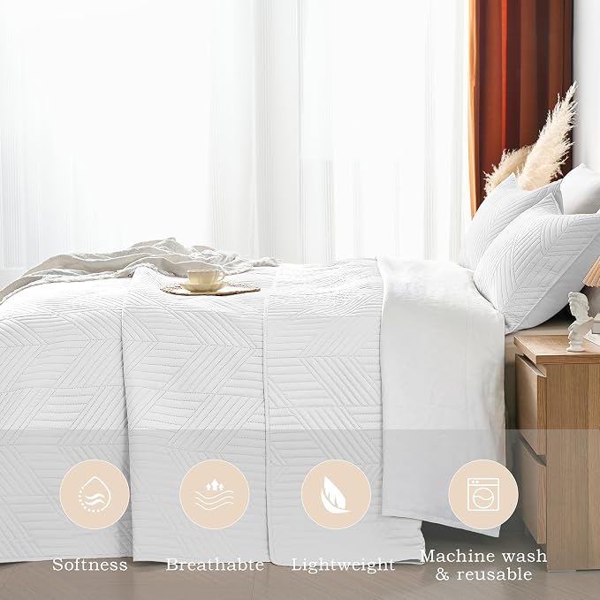 Davulos Twin Quilt Bedding Set,White Ultrasonic Quilt Set Reversible Microfiber Bedspread,Lightweight Soft Modern Geometric Coverlet Set for All Seasons(1 Quilt,1 Pillow Sham)