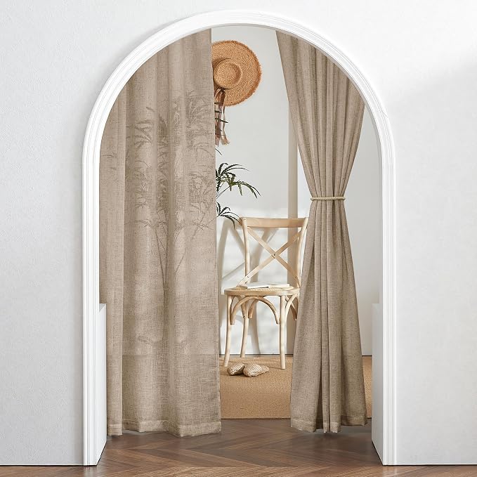 RYB HOME Linen Semi Sheer Curtains for Bedroom Living Room 84 inches Long | Light Filtering Privacy, Textured Burlap, Dining Room Sunroom Patio Door, Rod Pocket & Back Tab, W52 x L84, 2 Panels, Khaki