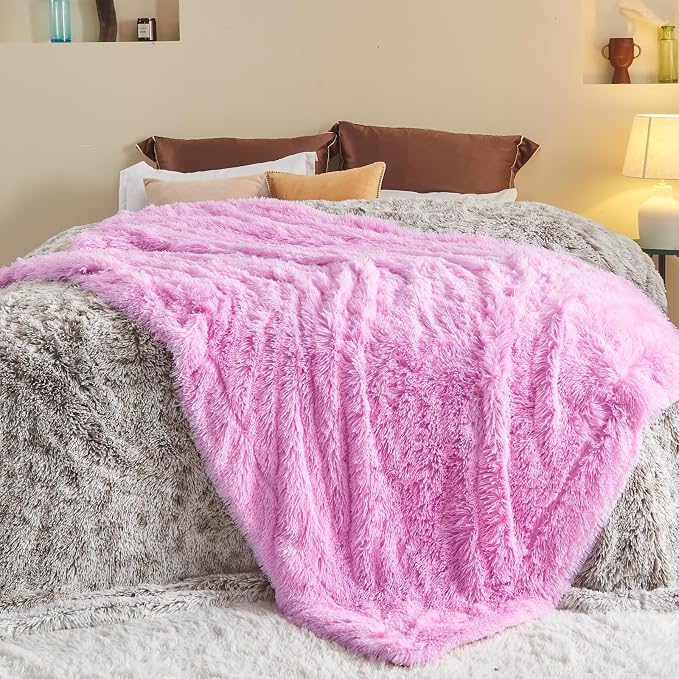 GONAAP Fuzzy Faux Fur Queen Blanket for Couch, Light Pink, 90"x90" | Warm Cozy Plush Shaggy Decorative Reversible Thick Non-Heated Fleece Blanket for Sofa Bed, Gift for Women Men, All Season Use