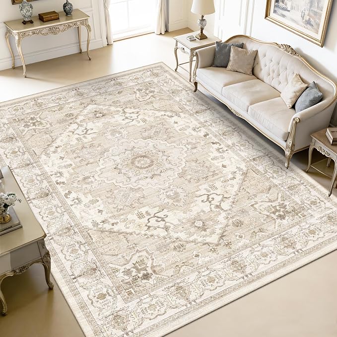 AooHHooA Washable Area Rug 6x9 Soft Stain Resistant Boho Vintage Rugs with Non Slip Backing, Low Pile Lightweight Large Rug for Living Room Bedroom Dining Room