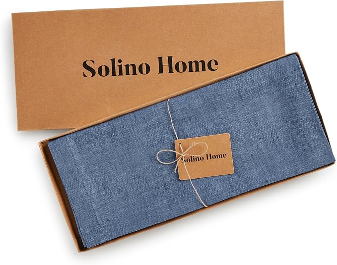 Solino Home 100% Pure Linen Table Runner Blue Denim, Athena 14 x 108 in | a graceful centrepiece for dining and gatherings, European flax fibres, gift ready packaging, Blue Denim, OEKO-TEX Certified