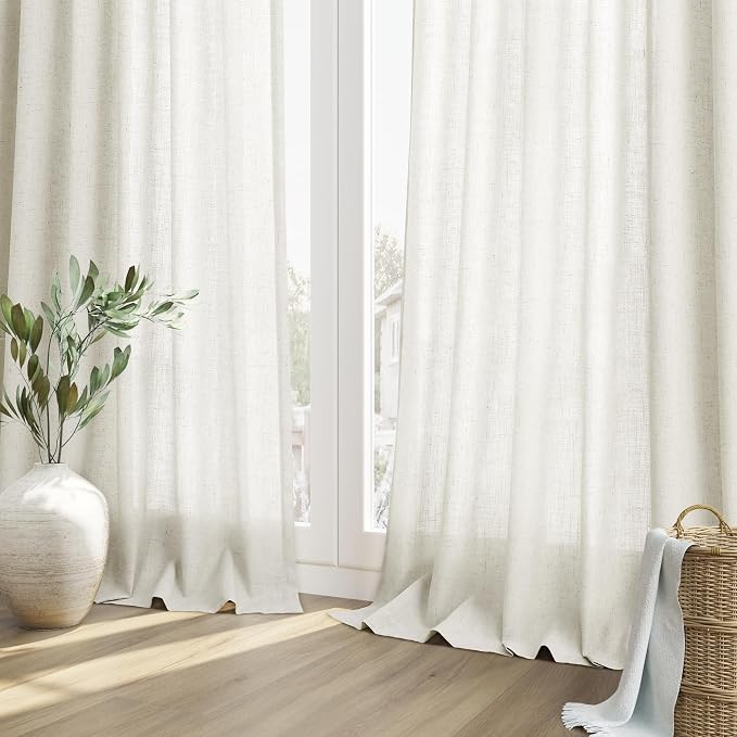 Linen Curtains 72 Inches Long 2 Panel Set Rod Pocket Semi Sheer Dining Room Cozy Bedroom Decor Cotton Look Country Rustic Farmhouse Boho Curtains Beige White, 52x72