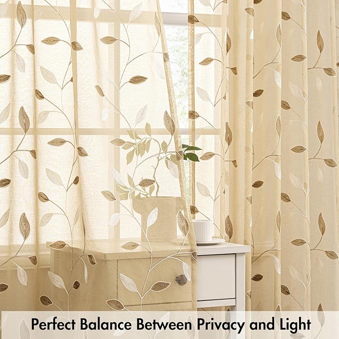 MIULEE Khaki Sheer Curtains 2 Panels Embroidered Leaf Patterned, W52 x L84 | Embroidered Floral Semi Sheer,Rod Pocket,Faux Linen,Short Window Curtains Drapes Set for Kitchen/Bathroom/Cafe
