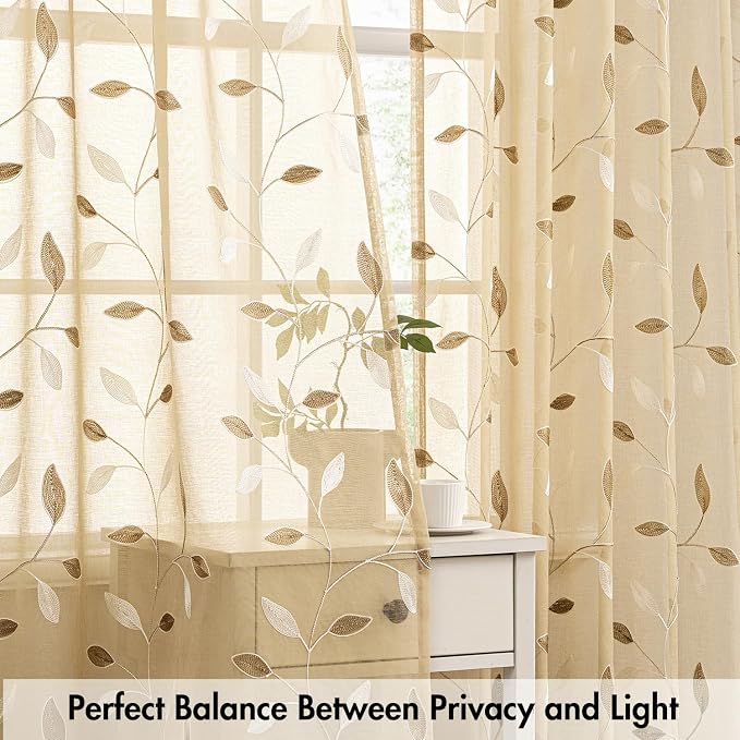 MIULEE Khaki Sheer Curtains 2 Panels Embroidered Leaf Patterned, W52 x L45 | Embroidered Floral Semi Sheer,Rod Pocket,Faux Linen,Short Window Curtains Drapes Set for Kitchen/Bathroom/Cafe