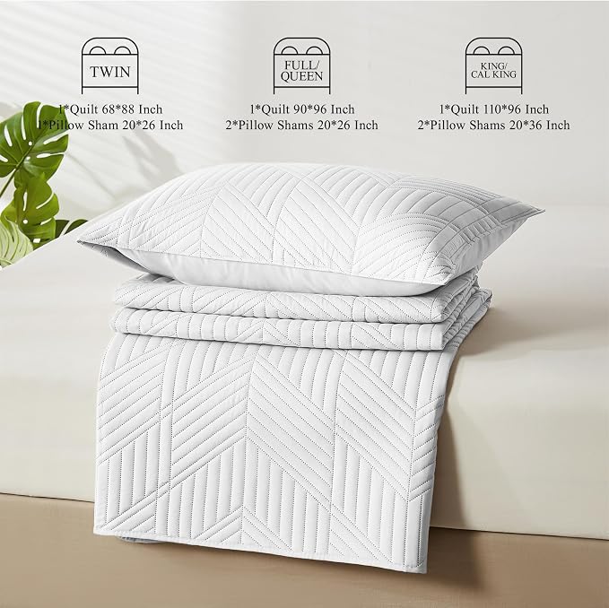 Davulos Queen Quilt Bedding Set,White Ultrasonic Full/Queen Quilt Set Reversible Microfiber Bedspread,Lightweight Soft Modern Geometric Coverlet Set for All Seasons(1 Quilt,2 Pillow Shams)