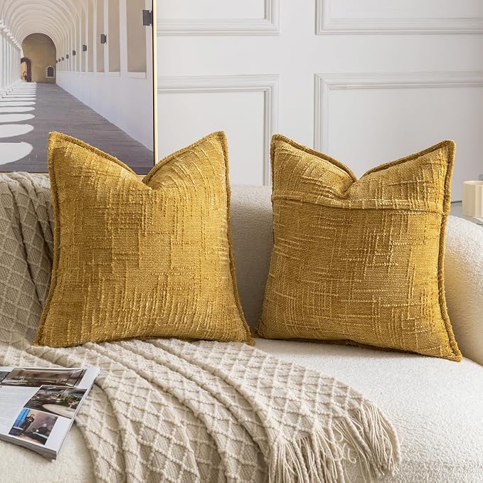 MADIZZ Pack of 2 Chenille Throw Pillow Covers 18x18 Inch Yellow Soft Neutral Decorative Throw Pillows for Couch Sofa Boho Accent Cushion Covers Modern Farmhouse Home Decor for Bedroom Living Room
