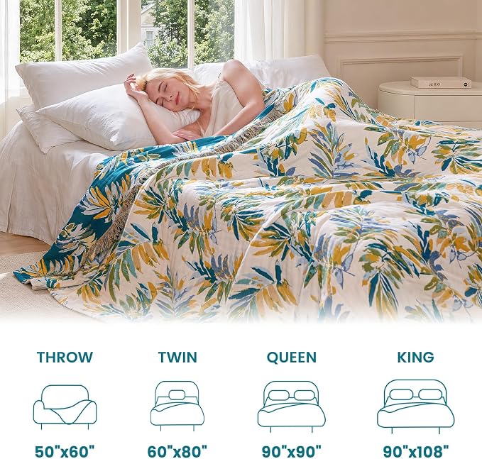 MSGKV Boho Throw Blanket 50"x60" 100% Cotton Leaves Muslin Throw for Couch | 100% Cotton Blanket, Leaves Throw Blanket, Reversible Weave, Soft & Breathable, Nature Home Decor, Machine Washable