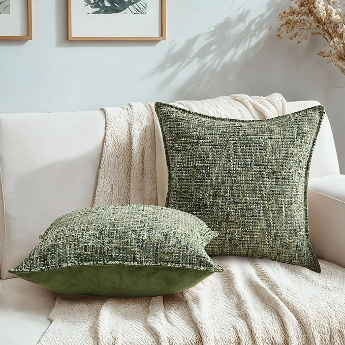 HAUSSY Pack of 2 Chenille Tweed Throw Pillow Covers 20x20 Inch, Dark Green