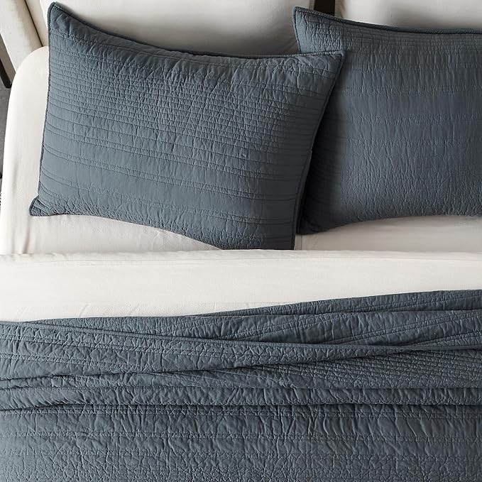 EVERGRACEHOME 100% Cotton Quilt Set Oversized Cal King, Midnight Blue | Pre-Washed Soft Cotton, Striped Coverlet Bedspread, 3 Piece Lightweight Bedding Set for All Season, with 2 Pillow Shams