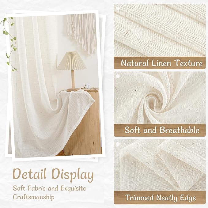 Linen Curtains 40 Inch Length for Kitchen Windows Over Sink | Semi Sheer, Light Filtering, Cream Ivory Drapes, Back Tab Rod Pocket, Panels for Small Windows, Bathroom, 25 x 40 Inch