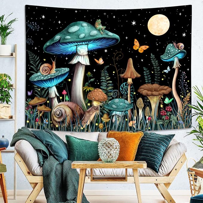 Zussun Teal Mushroom Tapestry Moon Star Tapestries for Bedroom Aesthetic Starry Night Green Plant Tapastrys Wall Hanging Butterfly Snail Frog Wall Tapestry for Living Room Dorm (Green, 48" x 36")