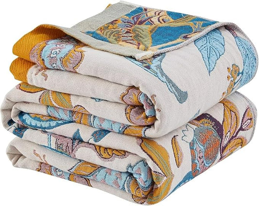 Boho Throw Blanket for Bed 100% Cotton Bohemian Blankets Ultra Soft Woven Muslin Decorative Blankets All Seasons Vintage Quilt Knitted Blanket for Sofa Chair(Beige, 90"x98")