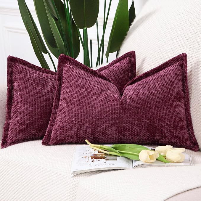 MADIZZ Decorative Chenille Velvet Throw Pillow Covers Set of 2 Soft Boho Textured Neutral Couch Throw Pillow for Bed Modern Farmhouse Home Decor for Sofa Livingroom Burgundy 12x20 Inch