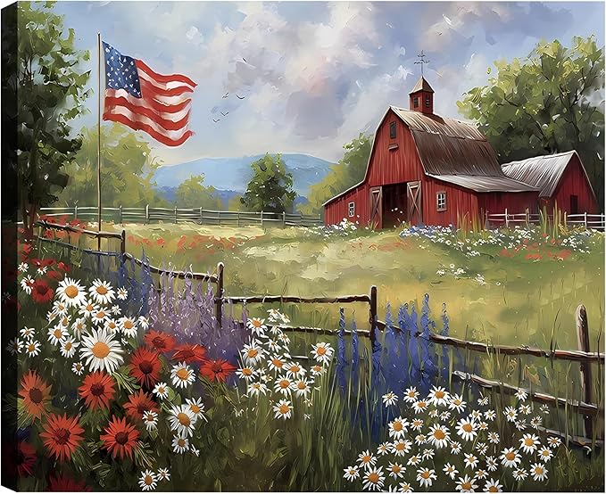 Framed Rustic American Flag Red Barn Wall Art, Patriotic Farmhouse Canvas Art Pictures, USA Flag Wall Decor for Living Room Kitchen Entryway, Ready to Hang Made in USA