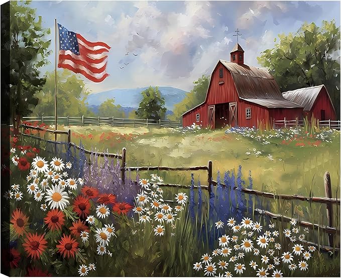 Framed Rustic American Flag Red Barn Wall Art, Patriotic Farmhouse Canvas Art Pictures, USA Flag Wall Decor for Living Room Kitchen Entryway, Ready to Hang Made in USA