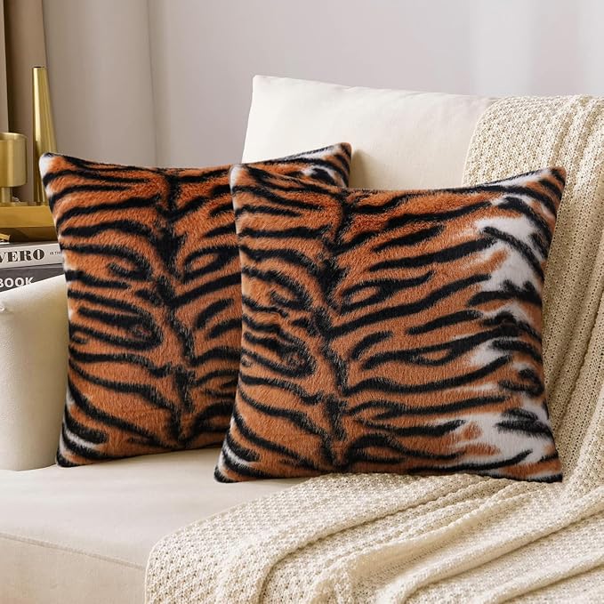 cygnus Tiger Print Throw Pillow Covers 18X18 inch | Fluffy Fuzzy Decorative Square Faux Fur Throw Pillow Covers for Couch Sofa Living Room Bedroom