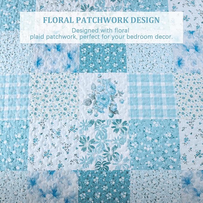 Mybedsoul Blue Patchwork Queen Size Quilt, Reversible Bedding Set | Soft Lightweight Microfiber Floral Coverlet Set, 3 Pieces Plaid Bedspread, Bed Sets for All Seasons 96"x90"