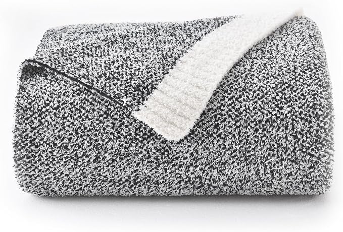 Chunky Knit Boucle Throw Blanket, Soft Washable Coastal Blanket for Bed Couch, Lightweight Cozy Oversized Feather Knit Blanket Indoor Outdoor for Sofa (Black, Throw 50"x60")