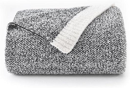 Chunky Knit Boucle Throw Blanket, Soft Washable Coastal Blanket for Bed Couch, Lightweight Cozy Oversized Feather Knit Blanket Indoor Outdoor for Sofa (Black, Throw 50"x60")