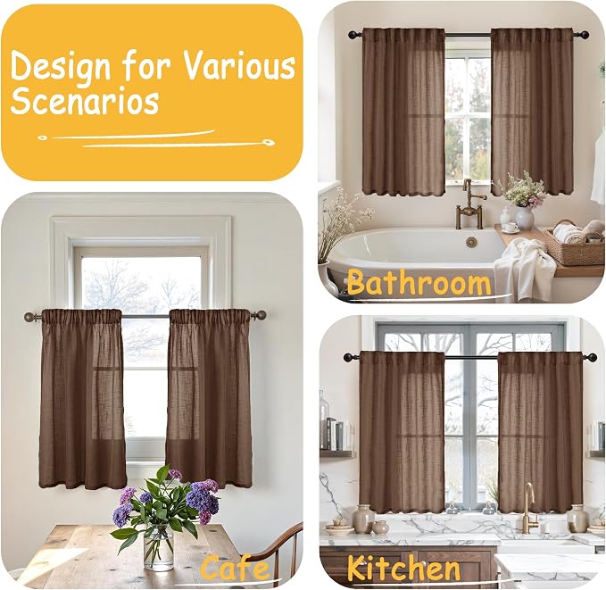 YoungsTex Brown Linen Curtains 36 Inches Long - Small Drapes Semi Sheer with Rod Pocket Back Tab Rustic for Bathroom Kitchen Windows, 2 Panels, 34 X 36 Inch