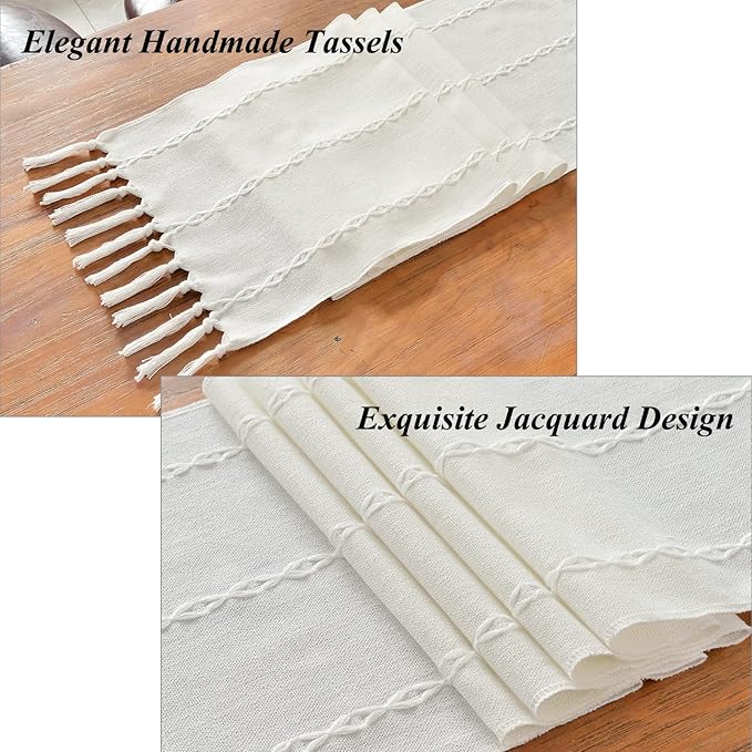 Wracra Rustic Linen Table Runner, White Table Runners 36 inches Long | Raised Embroidered Design and Hand-Tassels;Cotton Linen Woven Fabric; Farmhouse Table Runner;Home Kitchen Dining Decor