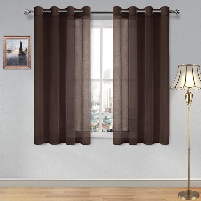 DWCN Brown Sheer Curtains Linen Look Semi Transparent Voile Grommet Curtains for Living Room Bedroom Drapes 52 x 54 inch Length, Set of 2 Panels