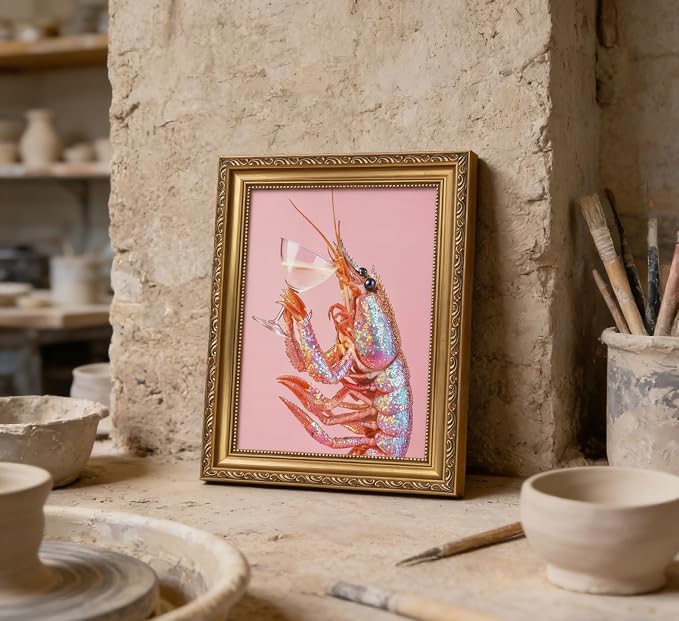 Vintage Gold Framed Bar Wall Art, Funny Pink Lobster With Martini Cocktail Canvas Print, Trendy Summer Coastal Beach Crayfish Painting Picture Poster Artwork for Kitchen Dining Room Restaurants
