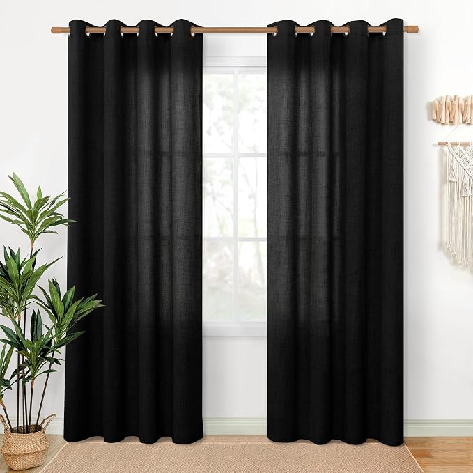 YoungsTex Black Linen Semi Sheer Curtains 80 Inch Length for Living Room | Light Filtering Drapes Bronze Grommet Privacy Halloween Decor for Dining Bedroom, 52 x 80 Inch, 2 Panels