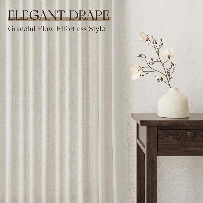 Jowels Natural Linen Curtains 240 Inch Long 2 Panels for Living Room | Ivory Light Filtering Sheer Curtain,Back Tab Pocket Pleated Look,Modern Farmhouse Textured Privacy Drapes for Bedroom Window