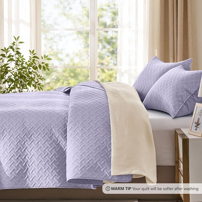 FLYMME Twin Quilt Set,Lightweight Lavender Bedspreads,Basket Weave Pattern,Ultra Soft Microfiber Bedspread Bed Coverlet 2 Pieces for All-Seasons (1 Quilt,1 Shams)