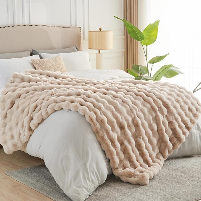 NEWCOSPLAY Faux Fur Thick Bubble Twin Blanket for Couch, Linen, 60"x80" | Luxury Fluffy Thick Warm Bubble Blanket for Couch Sofa Bed 1000GSM, Soft Plush Cozy Decorative Throw, Gift for Women Men