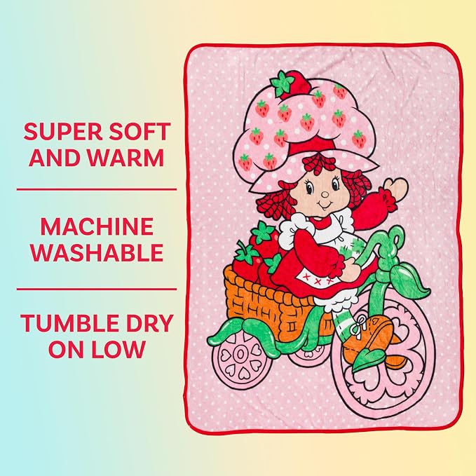 Silver Buffalo Strawberry Shortcake on Bike, Fleece Throw Blanket, 45x60in | Polka Dot, Soft and Cozy, 180 GSM