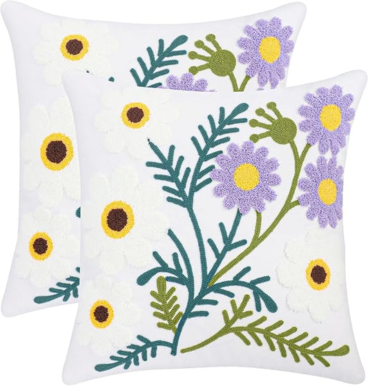 Embroidered Throw Pillow Covers 18x18 Pack of 2 Floral Pillow Covers Farmhouse Pillow Case Outdoor Garden Cushion Case Summer Decorations for Home (Purple and White Flower)