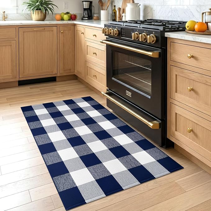 KOZYFLY Buffalo Plaid Area Rugs 2.3x3.6 Ft Blue and White Door Rug | Washable Front Door Mat, Woven Cotton Indoor Outdoor Rug, Checkered Doormat for Front Porch Kitchen Entryway Patio Farmhouse