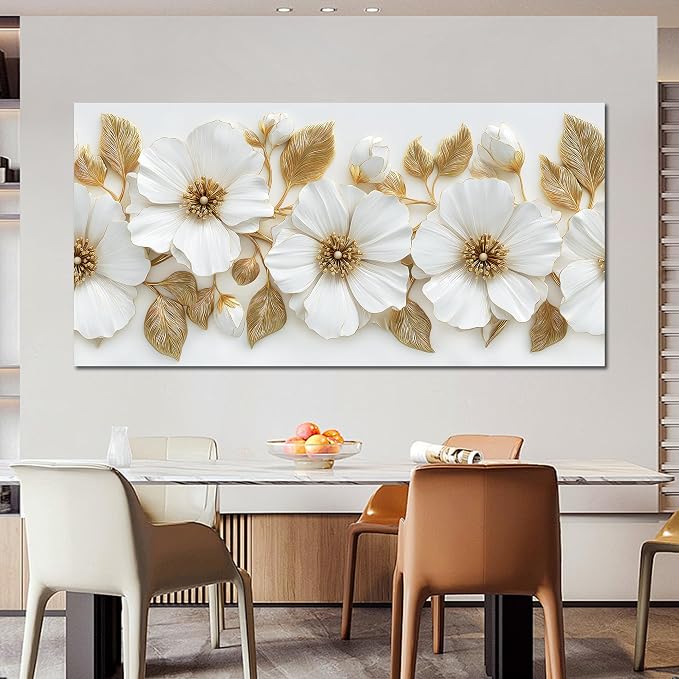 Large Canvas Wall Art for Living Room White and Gold Floral Print Painting wall Decor for Bedroom Office Modern Home Botanical Framed Wall Decorations Artwork Size 30x60 Ready to Hang