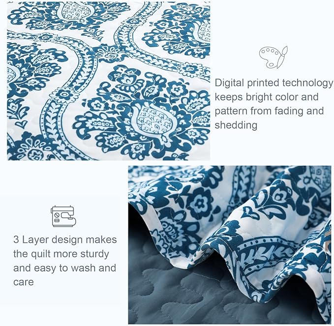 Exclusivo Mezcla Reversible Boho California King Quilt, Blue | Lightweight Soft Bedspreads, All Season Damask Coverlet Bedding Set, Printed Floral Pattern, 1 Quilt and 2 Pillow Shams