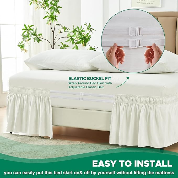 Wrap Around Bed Skirt King Size 18 Inch Drop-Elastic Dust Ruffle Ivory | Adjustable Pleated Bedskirt-Easy Fit Wrinkle Resistant Washable Hotel Quality Fabric Bed Skirting-Master Guest Bedroom Rental