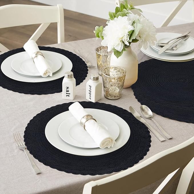 SHACOS Round Placemats Set of 4 Boho Braided Border 15 inch Circle Place Mats Washable Fabric Table Mats for Kitchen Dining Table, Black