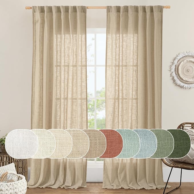 102 Inch Length Light Filtering Sheer Linen Curtains, 52 x 102 Inch | Linen Textured, Semi Sheer Panels, Natural Boho Drapes for Living Room, Bedroom, Rod Pocket Back Tab, 2 Panels, Brown