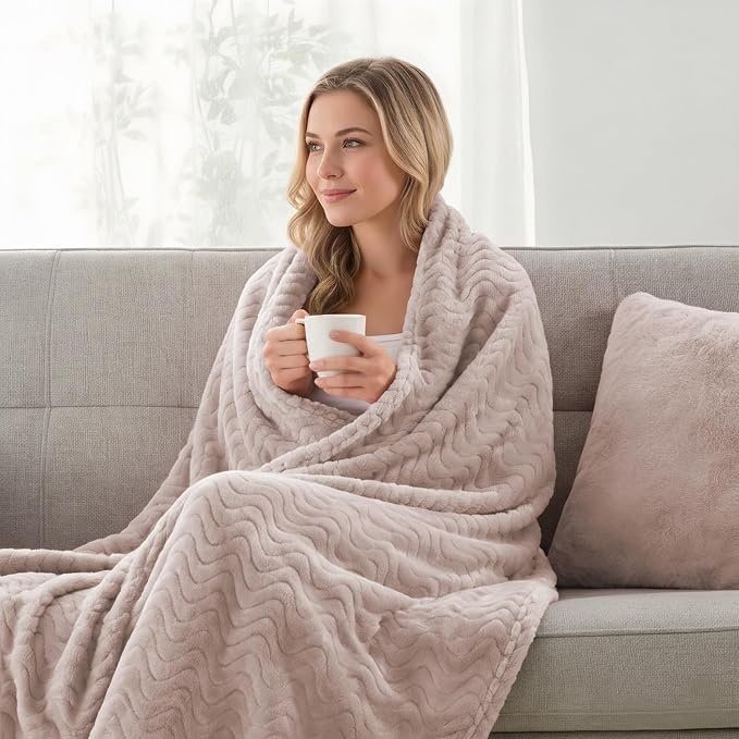 Exclusivo Mezcla Soft Fleece Blanket Queen Size for Bed, Sofa, Camel | 90"x90" Breathable Lightweight Flannel Blanket for Summer, Plush Cozy Jacquard Wave for Home Decor