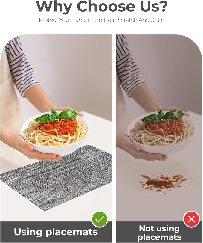 Leetaltree Grey Placemats, Heat Resistant Non-Slip Place mats for Dining Table, Washable Durable PVC Vinyl Woven Table Mats (Set of 4)