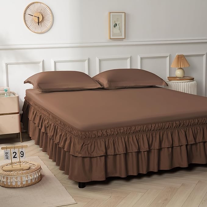 Double-Layered Ruffled Bed Skirt,Brown,Full/Queen, 14" Drop | Wrap Around, Adjustable Elastic, 2 Layer, Machine Washable Soft Fabric, Multi Ruffle Bedskirt