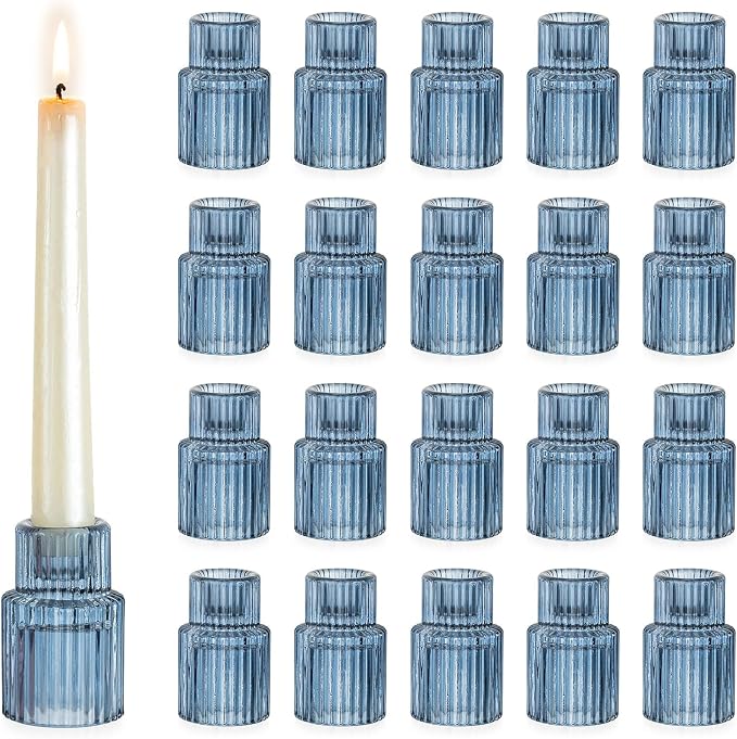 Hewory Glass Candlestick Holders Bulk, 20 PCS Blue Taper Candle Holders | For 0.86" Taper Candles, Ribbed, Vintage Candle Sticks Holder Decor, Wedding Table Centerpiece Baby Bridal Shower Party Gift