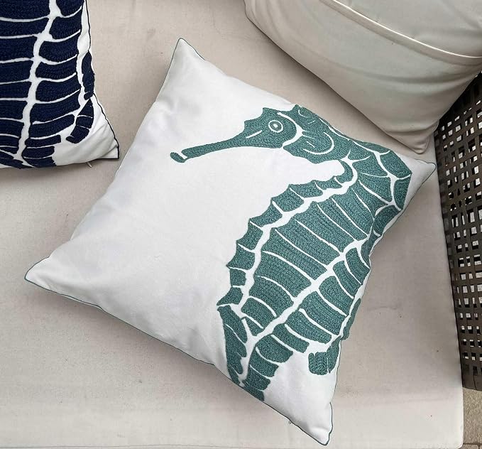 Embroidered Nautical Decor Pillow Cover,Square 18 Inches Decorative Canvas Pillow Cover for Nautical Style Deco by (Seagreen-Seahorse-New)