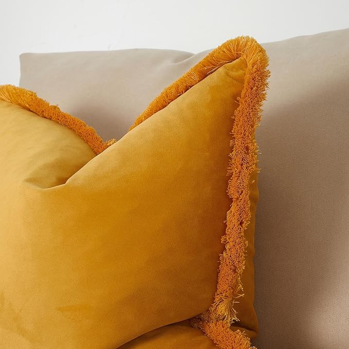 JUSPURBET Gold Decorative Velvet Fringe Throw Pillow Covers 26x26 Set of 2 Boho Soft Cushion Case for Home Decor Living Room Couch Sofa Bed